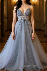 A Line V Neck Grey Beaded Long Evening Prom Dresses with Split, Grey Beaded Formal Graduation Evening Dresses