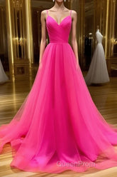 A Line V Neck Hot Pink Long Evening Prom Dresses, V Neck Hot Pink Long Formal Evening Dresses