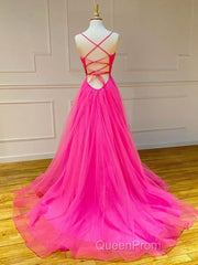 A Line V Neck Hot Pink Long Evening Prom Dresses, V Neck Hot Pink Long Formal Evening Dresses