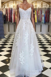 A Line V Neck Lace Appliques White Evening Prom Dresses Wedding Dresses, White Lace Formal Dresses, White Evening Dresses