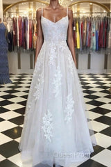 A Line V Neck Lace Appliques White Evening Prom Dresses Wedding Dresses, White Lace Formal Dresses, White Evening Dresses