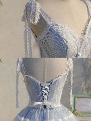 A Line V Neck Lace Blue Short Evening Prom Dresses, Blue Puffy Homecoming Dresses