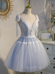 A Line V Neck Lace Blue Short Evening Prom Dresses, Blue Puffy Homecoming Dresses