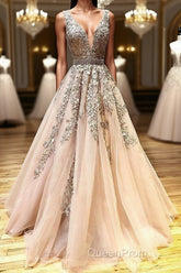 A Line V Neck Lace Champagne Tulle Long Evening Prom Dresses, V Neck Lace Champagne Formal Dresses, Champagne Lace Evening Dresses