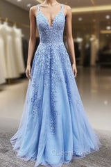 A Line V Neck Light Blue Lace Evening Prom Dresses, V Neck Light Blue Lace Evening Dresses