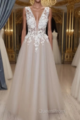 A Line V Neck Long Champagne Lace Wedding Dresses, Champagne Lace Long Formal Evening Prom Dresses