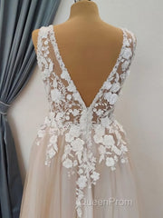 A Line V Neck Long Champagne Lace Wedding Dresses, Champagne Lace Long Formal Evening Prom Dresses