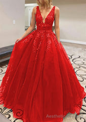 A-line V Neck Long/Floor-Length Lace Tulle Prom Dresses With Appliqued