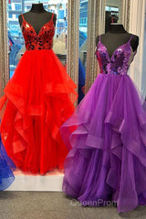 A-line V-Neck Mirror-Cut Sequins Ruffle Layers Long Evening Prom Dresses