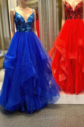 A-line V-Neck Mirror-Cut Sequins Ruffle Layers Long Evening Prom Dresses
