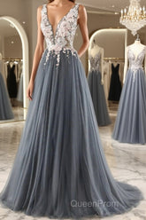 A Line V Neck Open Back Appliques Gray Long Evening Prom Dresses, V Neck Grey Formal Dresses, Gray Evening Dresses