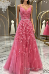 A Line V Neck Open Back Beaded Hot Pink Lace Long Evening Prom Dresses, Hot Pink Lace Formal Graduation Evening Dresses