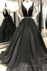 A-Line V-Neck Open Back Black Lace Long Evening Prom Dresses Evening Dresses With Beading,