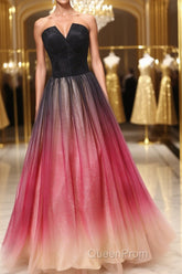 A Line V Neck Open Back Ombre Long Evening Prom Dresses, Backless Ombre Formal Graduation Evening Dresses