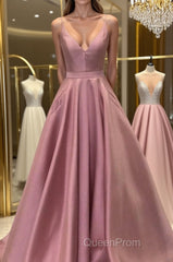 A Line V Neck Open Back Pink Satin Long Evening Prom Dresses, Open Back Pink Formal Graduation Evening Dresses