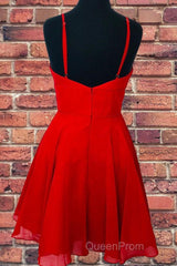 A Line V Neck Open Back Red Short Evening Prom Dresses, Backless Red Homecoming Dresses