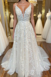 A Line V Neck Open Back White Lace Long Evening Prom Dresses, V Neck White Lace Formal Dresses, White Lace Evening Dresses