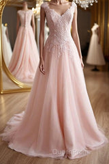A Line V Neck Pink Lace Long Evening Prom Dresses, Pink Lace Formal Graduation Evening Dresses