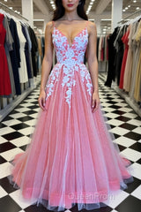 A Line V Neck Pink Long Evening Prom Dresses with Lace Appliques, V Neck Pink Formal Dresses, Pink Evening Dresses