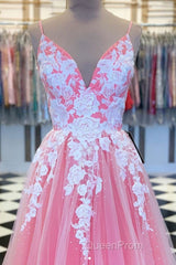 A Line V Neck Pink Long Evening Prom Dresses with Lace Appliques, V Neck Pink Formal Dresses, Pink Evening Dresses