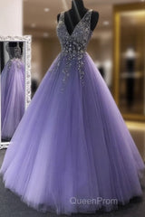 A Line V Neck Purple Beaded Long Evening Prom Dresses, V Neck Backless Purple Long Formal Evening Dresses