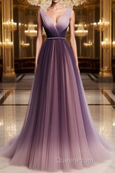 A Line V Neck Purple Ombre Evening Prom Dresses, V Neck Purple Ombre Formal Evening Bridesmaid Dresses