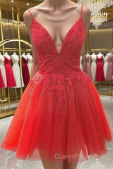 A Line V Neck Red Lace Short Evening Prom Dresses, Red Lace Homecoming Dresses