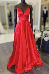 A Line V Neck Red Long Evening Prom Dresses, Red V Neck Long Formal Evening Bridesmaid Dresses