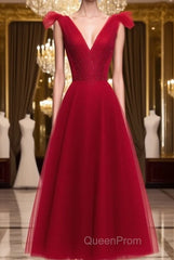 A Line V Neck Red Tea Length Evening Prom Dresses with Corset Back, Red Tea Length Formal Graduation Dresses
