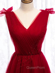 A Line V Neck Red Tea Length Evening Prom Dresses with Corset Back, Red Tea Length Formal Graduation Dresses