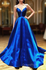 A Line V Neck Royal Blue Backless Evening Prom Dresses, Open Back Royal Blue Formal Evening Graduation Dresses