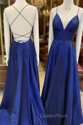 A Line V Neck Royal Blue Backless Evening Prom Dresses, Royal Blue Backless Formal Evening Bridesmaid Dresses