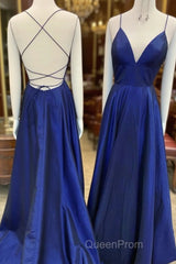 A Line V Neck Royal Blue Backless Evening Prom Dresses, Royal Blue Backless Formal Evening Bridesmaid Dresses