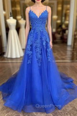 A Line V Neck Royal Blue Lace Evening Prom Dresses, Royal Blue Lace Evening Dresses