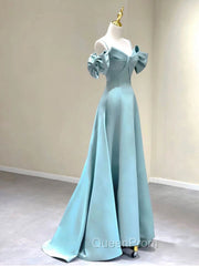 A-Line V Neck Satin Blue Long Evening Prom Dresses, Blue Evening Dresses