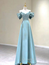 A-Line V Neck Satin Blue Long Evening Prom Dresses, Blue Evening Dresses