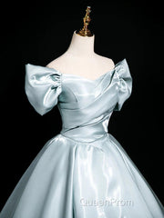 A-Line V Neck Satin Blue Long Evening Prom Dresses, Blue Long Formal Dresses