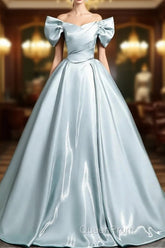 A-Line V Neck Satin Blue Long Evening Prom Dresses, Blue Long Formal Dresses