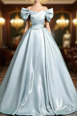A-Line V Neck Satin Blue Long Evening Prom Dresses, Blue Long Formal Dresses
