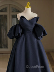 A-Line V Neck Satin Dark Blue Long Evening Prom Dresses, Dark Blue Long Formal Dresses