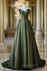 A-Line V Neck Satin Green Long Evening Prom Dresses, Green Long Evening Dresses