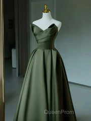 A-Line V Neck Satin Green Long Evening Prom Dresses, Green Long Formal Dresses