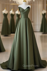 A-Line V Neck Satin Green Long Evening Prom Dresses, Green Long Formal Dresses