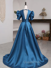 A-Line V Neck Satin Long Evening Prom Dresses, Blue Satin Long Evening Dresses