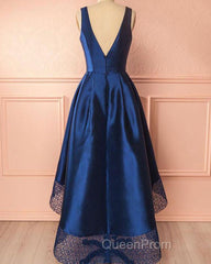 A Line V-Neck Satin Long Evening Prom Dresses With Lace