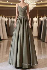 A-Line V Neck Satin Olive Green Long Evening Prom Dresses, Olive Green Long Evening Dresses