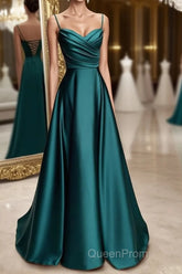 A-line Sweetheart Spaghetti Straps Satin Long Evening Prom Dresses with Pleated