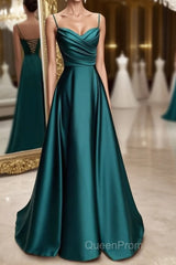 A-line Sweetheart Spaghetti Straps Satin Long Evening Prom Dresses with Pleated