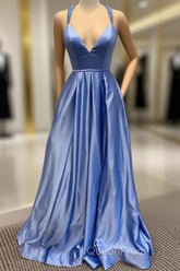 A-Line V Neck Satin Unique Long Evening Prom Dresses Formal Gowns