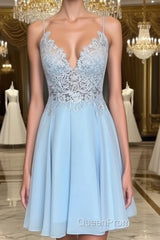 A Line V Neck Short Blue Lace Evening Prom Dresses, Short Blue Lace Formal Homecoming Dresses
